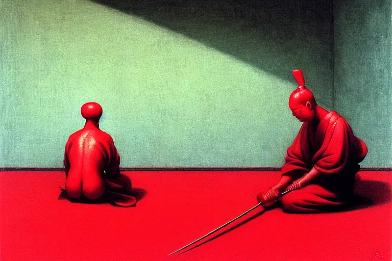 Image similar to only with red, a red samurai do seppuku, tokio, a lot of frogs watch, in the style of beksinski, parts by edward hopper, parts by rodcenko, parts by yue minjun, intricate and epic composition, red by caravaggio, insanely quality, highly detailed, masterpiece, red light, artstation, 4 k