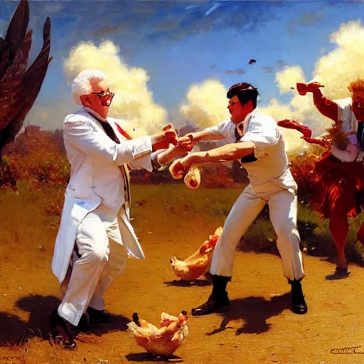 Image similar to colonel sanders throwing fried chickens, highly detailed painting by gaston bussiere, craig mullins, j. c. leyendecker, 8 k