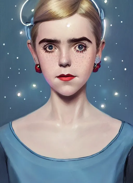 Image similar to portrait of kiernan shipka with freckles, white hair, big 1 9 6 0 s bob hairstyle with bangs and hairband, blue 1 9 6 0 s dress, intricate, elegant, glowing lights, highly detailed, digital painting, artstation, concept art, smooth, sharp focus, illustration, art by wlop, mars ravelo and greg rutkowski