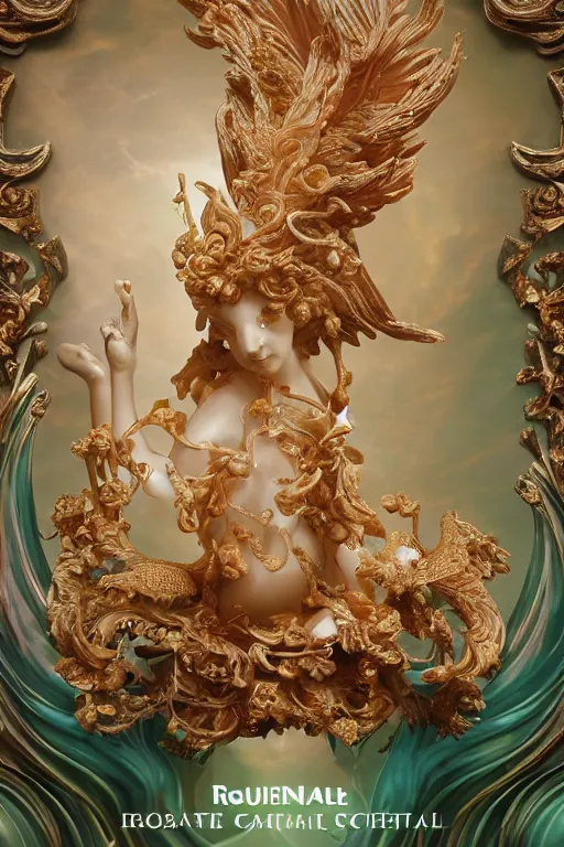 Image similar to a closeup photo, rococo alabaster and jade real delicate ceramic porcelain sculpture of an ornate detailed phoenix goddess in front of an intricate background by rafael, micro detail, backlit lighting, subsurface scattering, translucent, thin porcelain, emerald, jade, octane renderer, colorful, physically based rendering, trending on cgsociety