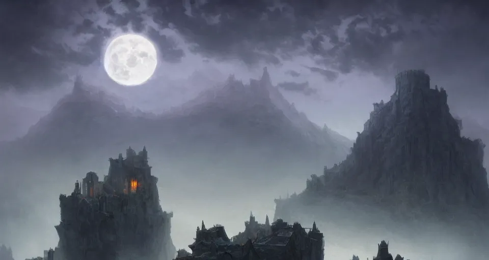 Prompt: an old fortress rising up from the mist at night silhouetted by a huge moon, by Noah Bradley, Darek Zabrocki, brutalist, James Paick, Natasha Tan, highly detailed, ultra detailed, ultra realistic, trending on artstation, lava, dungeons and dragons, spooky, haunted, thomas kincade