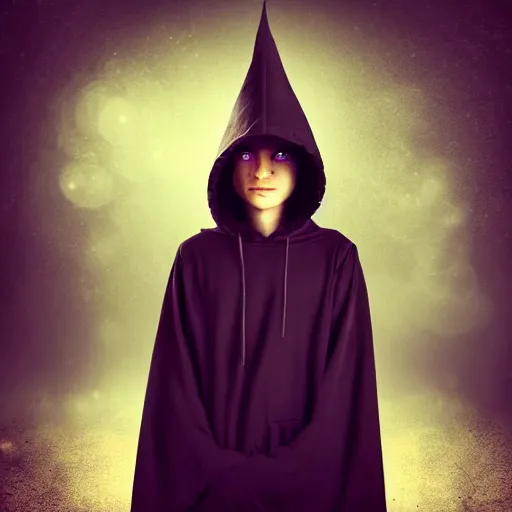 Image similar to portrait of a mysterious wizard with a Hood, bright eyes, fantasy, photorealistic, bokeh, magic lights, cinematic