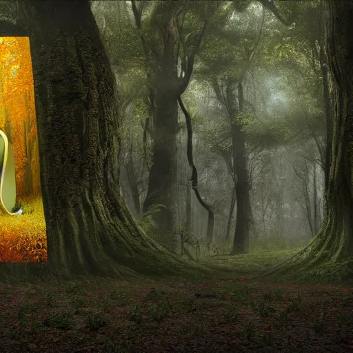 Image similar to Big wall poster artwork of forest by Michael Whelan, Rendering of a dead woman wearing yellow velor sweat suit and dirty heavily worn white keds slip on tennis shoe with toes pointing up covered by dark colored leaves and twigs from the calf and up, Matte painting, trending on artstation and unreal engine