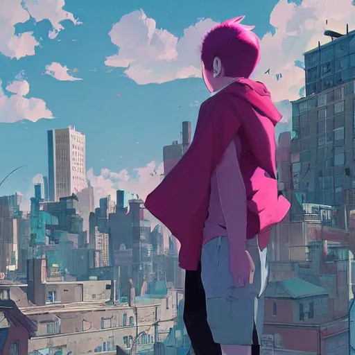 Prompt: damian wayne with pink haired friend, city landscape, Gotham, artstation, highly detailed, by makoto shinkai and thomas kindle and James gilleard