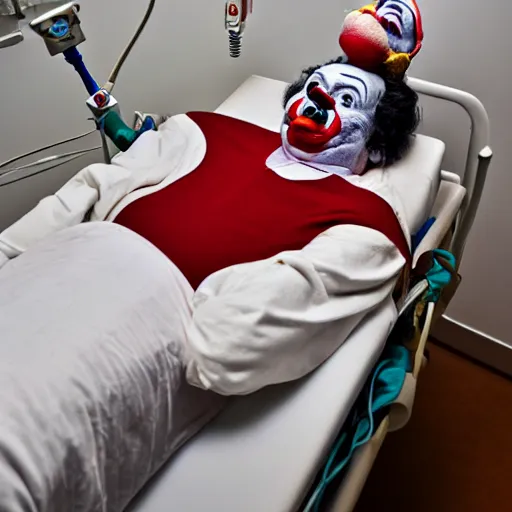 Image similar to delirious elderly clown supine in hospital bed, strapped into bed with restraints, trying to get out but unsuccessful, photograph, 8 k