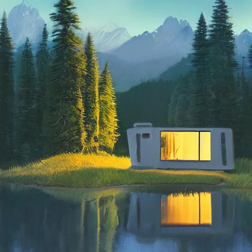 Image similar to small robot cottage at the edge of a lake in the mountains, painterly painting by james gueney and beeple, soft glowing windows, early evening, reflections, pine trees, detailed, outlined