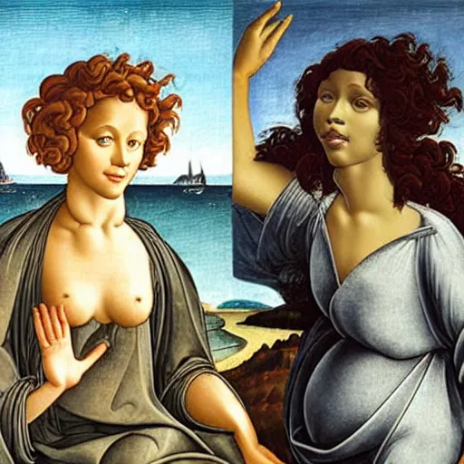 Image similar to Whitney Houston as Botticelli\'s The birth of Venus as a pretty African Black woman with short black hair and black skin rising from the sea on a shell, accurate face