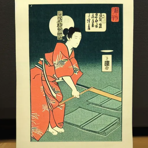 Image similar to japanese woodblock print of a vacuum cleaner