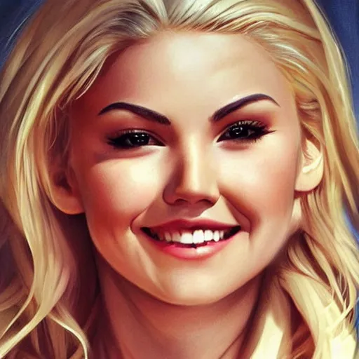 Prompt: elisha cuthbert as a very beautiful cheerleader, smiling, flirty, eye contact, perfect face, perfect body, drawn by artgerm