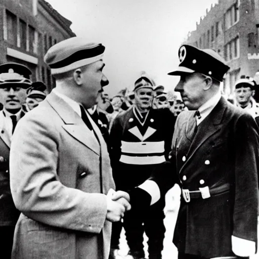 Prompt: historic black and white photograph of colored donald duck meeting adolf hitler at a nazi parade in 1 9 3 6