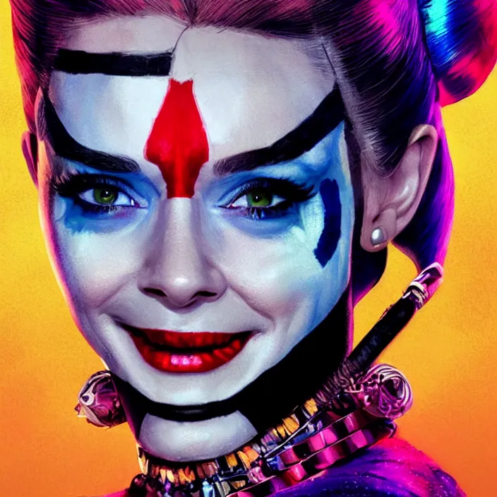 Image similar to portrait of Audrey Hepburn as a harley quinn in Suicide Squad. intricate abstract. intricate artwork. by Tooth Wu, wlop, beeple, dan mumford. octane render, trending on artstation, greg rutkowski very coherent symmetrical artwork. cinematic, hyper realism, high detail, octane render, 8k, iridescent accents