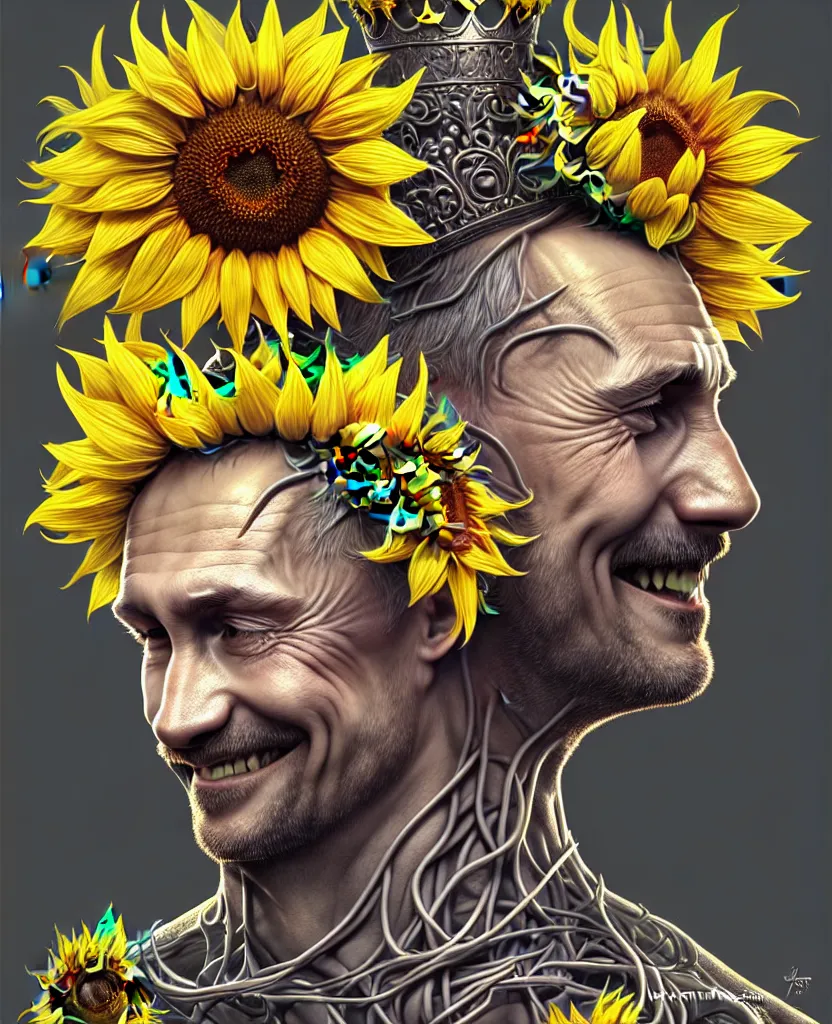 Image similar to digital art, centered full body of Putin smiling king, Sunflower crown, ,intricate, veins, by James Jean and by artgerm , by ross tran ultradetailed, charachter design, concept art, trending on artstation,