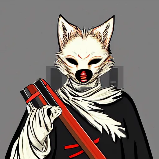 Prompt: digital art portrait of a man wearing a kitsune mask while also wielding a katina in his right hand while facing foward. the background is black