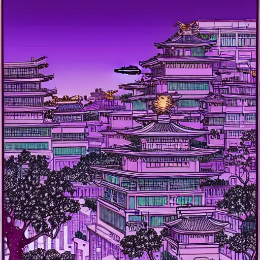 Image similar to purple cyberpunk city, by Hokusai