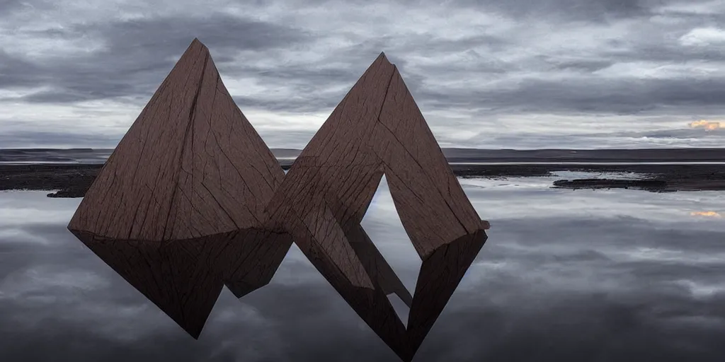 Prompt: futuristic angular minimalist sculpture made from deconstucted charcoal wood and mirrors, refracted, floating, iceland landscape photography sunset, by lurie belegurschi and gunnar freyr