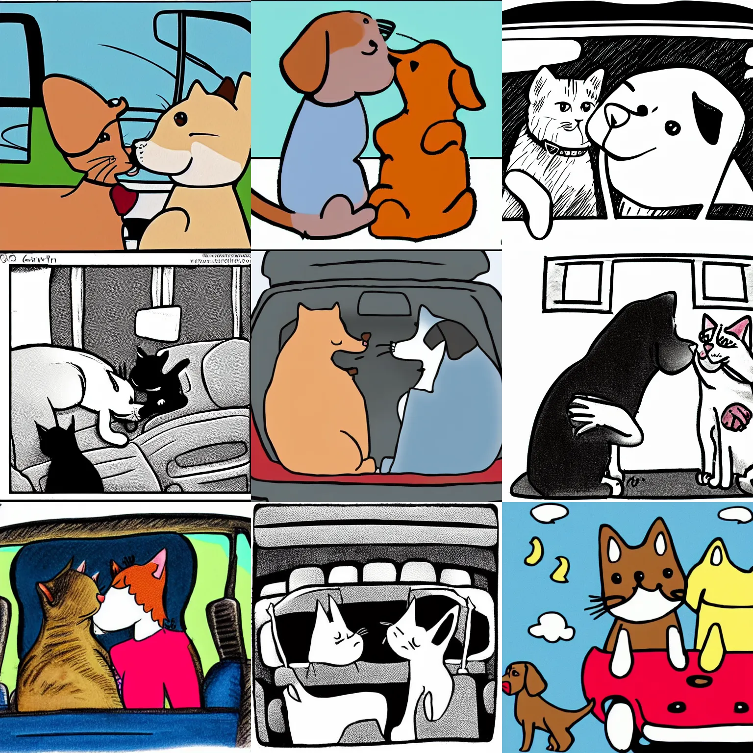 Prompt: cat and dog kissing, inside car, cartoon drawing