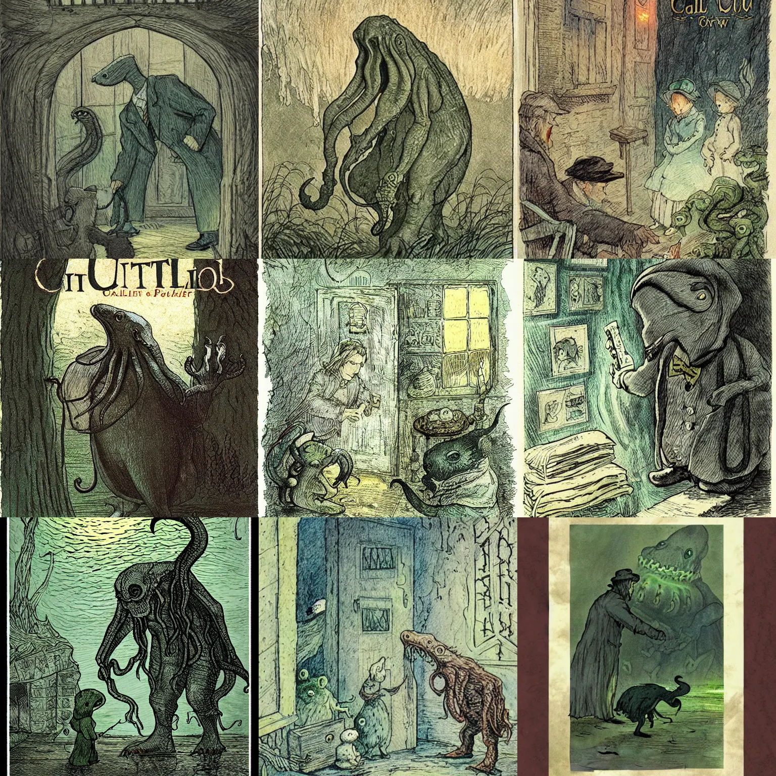 Prompt: call of cthulhu illustrated by beatrix potter