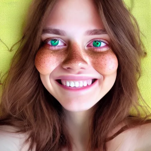 Image similar to beautiful hyperrealism hyperdetailed selfie of a cute young woman smiling softly, long light bronze brown hair, cute freckles, flushed face, red blush, small heart - shaped face, soft features, emerald green eyes, 8 k, sharp focus,