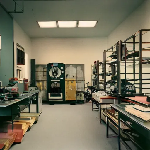 Image similar to noisy color photograph of a retrofuturist Backrooms, laboratory, dark corners, minimalist, cinematic, soft vintage glow