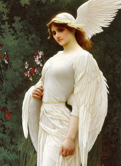 Image similar to painting of a beautifully robed angel with huge white feather wings, intricate, elegant, hyperdetailed, by alphonse mucha and william - adolphe bouguereau and john william waterhouse