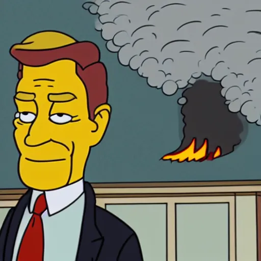 Prompt: principal skinner reacting in shock to smoke coming out of his oven, as superintendent chalmers approaches. pixar art style