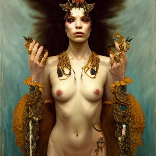 Prompt: highly detailed oil painting | very intricate | cinematic lighting | the voodoo priestess dressed very elaborate | by roberto ferri, by tom bagshaw, by j. c. leyendecker and klimt, beautiful cinematic light, american romanticism, by austin osman spare, artstation, cgsociety, official art, octane