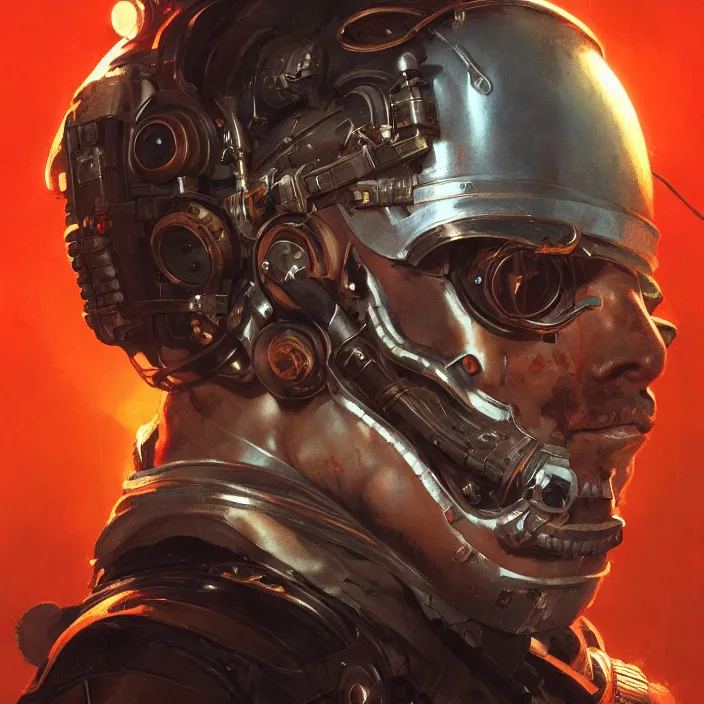 Image similar to a head and shoulders portrait of a space pirate, neon, retro, steampunk, smooth, sharp focus, intricate, artstation, detailed concept art by Greg Rutkowski and Norman Rockwell and Caravaggio