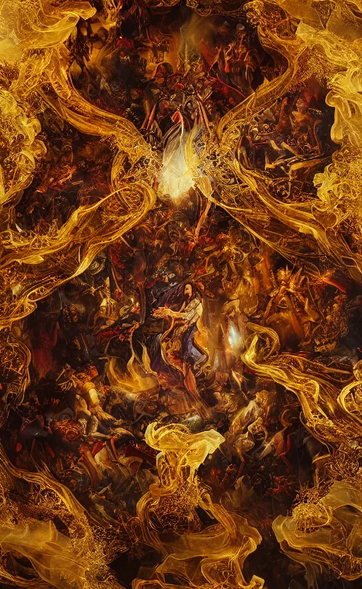 Image similar to 'Deamons Invade The Holy See' by István Sándorfi royally decorated, whirling smoke, embers, gold encrustations , gilt silk torn fabric, radiant colors, fantasy, perfect lighting, studio lit, micro details,