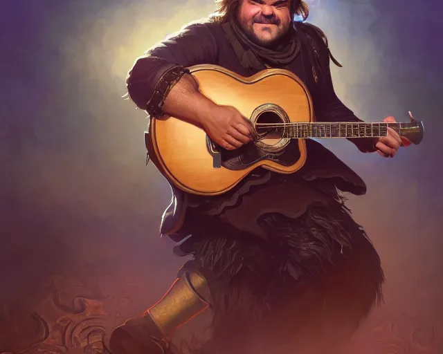 Image similar to photography of jack black with a guitar singing 8 k, deep focus, d & d, fantasy, intricate, elegant, highly detailed, digital painting, artstation, concept art, matte, sharp focus, illustration, hearthstone, art by artgerm and greg rutkowski and alphonse mucha