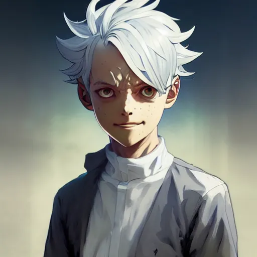 Image similar to Portrait of Norman from the promised neverland, white hair ,highly detailed, digital painting, artstation, concept art, sharp focus, illustration, art by greg rutkowski and alphonse mucha