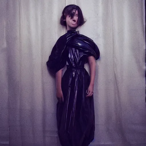 Image similar to a beautiful award winning photo of millie bobby brown wearing a trash bag, cinematic, atmospheric, tatiana lopez photograph