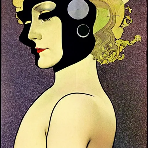 Prompt: art by coles phillips, a tall chrome - skinned god walks the earth, reflective skin, chrome, skin with a mirrror like finish similar to the silver surfer, mucha, kandinsky