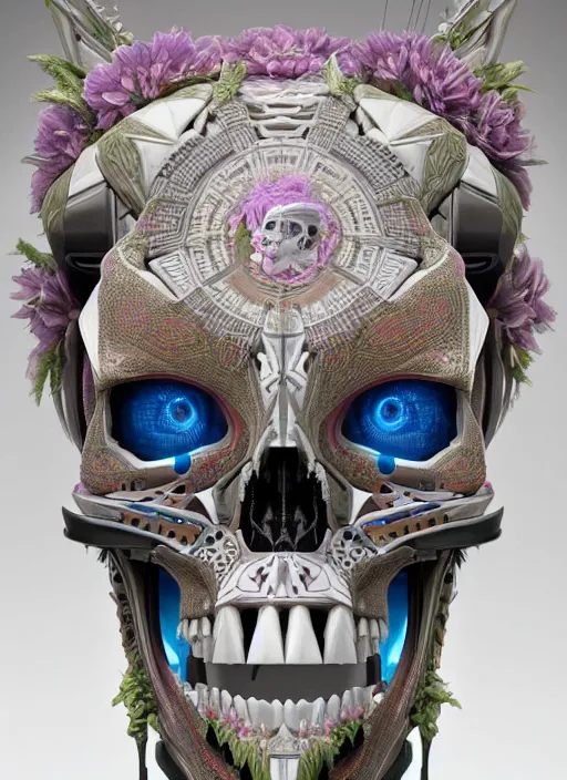 Image similar to symmetry!! portrait of a hybrid robot skull, floral! horizon zero dawn machine, intricate, elegant, highly detailed, ray tracing, digital painting, artstation, concept art, smooth, sharp focus, illustration, art by artgerm and greg rutkowski and alphonse mucha, 8 k