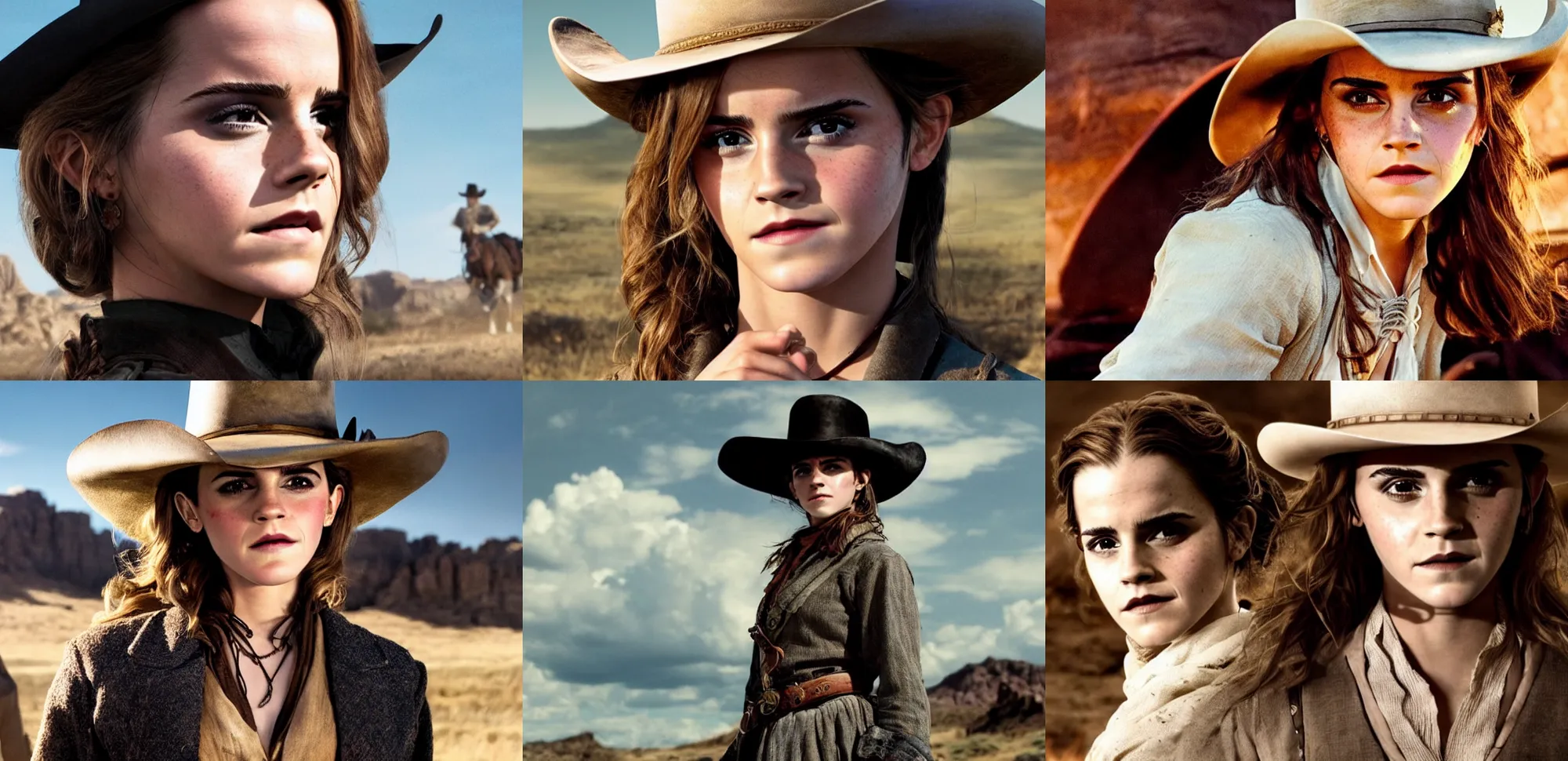 Prompt: emma watson as a cowboy in a new western movie directed by quentin tarantino, promotional image, detailed face, movie still fame, imax 7 0 mm footage