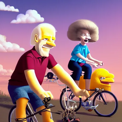 Prompt: Hyper realistic portrait of Joe Biden sniffing little Lisa Simpson's long flowing hair while they ride a bicycle together, little Lisa Simpson is sitting in the basket on the front of the bike, Cinematic lighting, ultra super good realistic 3D render by Gerald Brom and James Jean, Trending on Artstation, 8k, post processing, sharp focus