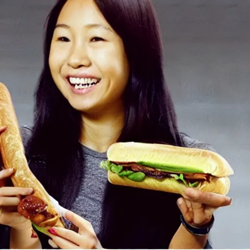 Image similar to “ asian girl eating a subway footlong bacon sub sandwich ”