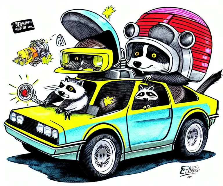 Image similar to cute and funny, racoon wearing a helmet riding in a tiny hot rod delorean with oversized engine, ratfink style by ed roth, centered award winning watercolor pen illustration, isometric illustration by chihiro iwasaki, edited by range murata