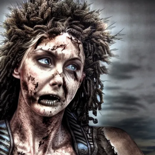 Image similar to mad - maxesque postapocalyptic woman with short curly hair