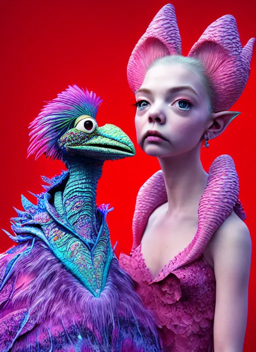 Image similar to hyper detailed 3d render like a Oil painting - kawaii portrait of two Aurora (a beautiful skeksis muppet fae princess protective playful expressive from dark crystal that looks like Anya Taylor-Joy) seen red carpet photoshoot in UVIVF posing in scaly dress to Eat of the Strangling network of yellowcake aerochrome and milky Fruit and His delicate Hands hold of gossamer polyp blossoms bring iridescent fungal flowers whose spores black the foolish stars by Jacek Yerka, Ilya Kuvshinov, Mariusz Lewandowski, Houdini algorithmic generative render, golen ratio, Abstract brush strokes, Masterpiece, Edward Hopper and James Gilleard, Zdzislaw Beksinski, Mark Ryden, Wolfgang Lettl, hints of Yayoi Kasuma and Dr. Seuss, octane render, 8k