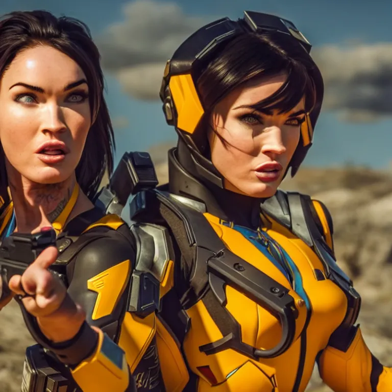 Prompt: megan fox as tracer from overwatch, movie still, 8 k, hdr, atmospheric lighting