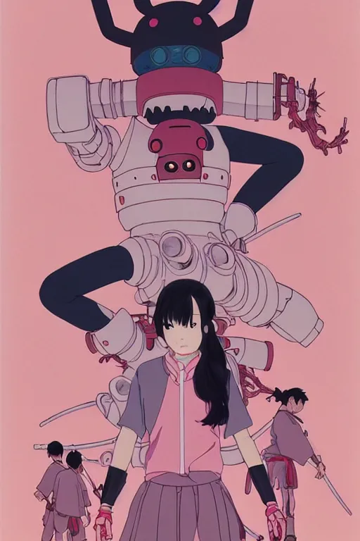 Image similar to Artwork by James Jean, Phil noto and studio ghibli ; (1) a young Japanese future samurai police lady named Yoshimi battles an (1) enormous evil natured carnivorous pink robot on the streets of Tokyo; Japanese shops and neon signage; crowds of people running; Art work by Phil noto and James Jean