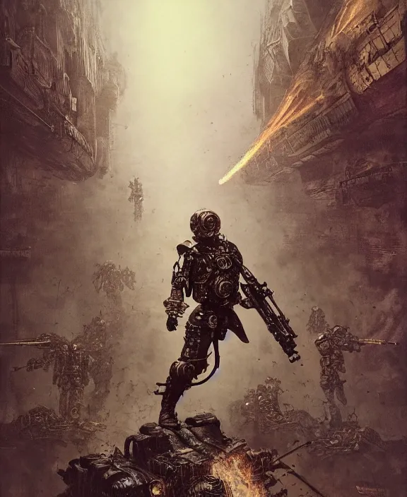 Prompt: a soldier in steampunk armour charging the enemy amongst powerful explosions, by HR Giger and Beksiński and Stephan Martiniere , 4k resolution, detailed, trending on artstation