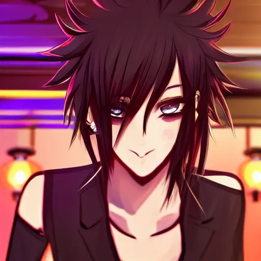 Image similar to Masculine looking anime girl at a bar drinking a beer, warm glow from the lights, angle that looks up at her from below, deviantart, pixiv, detailed face, smug appearance, beautiful anime, obviously drunk with reddish cheeks, detailed anime eyes with pupils