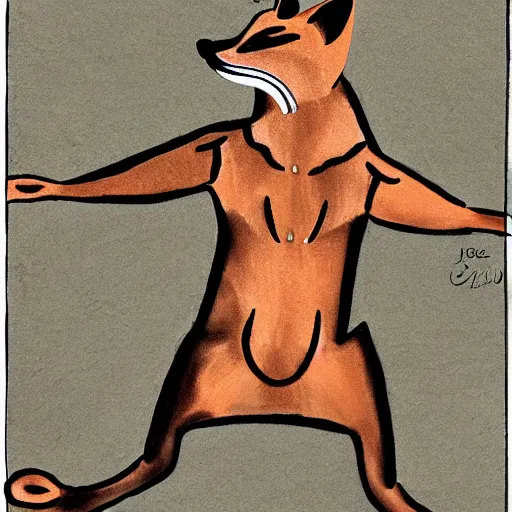 Prompt: anthropomorphic fox man, cave painting