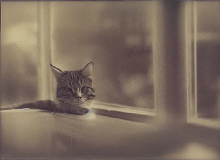 Image similar to photography polaroid of a Jack Cat . watching outside the window. on a bed. in a 70's room full of vinyls and posters, photorealistic, award winning photo, 100mm, sharp, high res