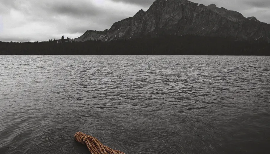 Image similar to wide shot of a bundle of rope on the surface of water, in the middle of a lake, overcast day, rocky foreground, 2 4 mm leica anamorphic lens, moody scene, stunning composition, hyper detailed, color kodak film stock