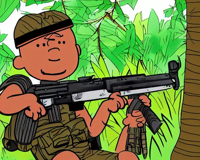 Prompt: Charlie Brown in the jungles of Vietnam holding a M16 rifle, ultra realistic digital painting,