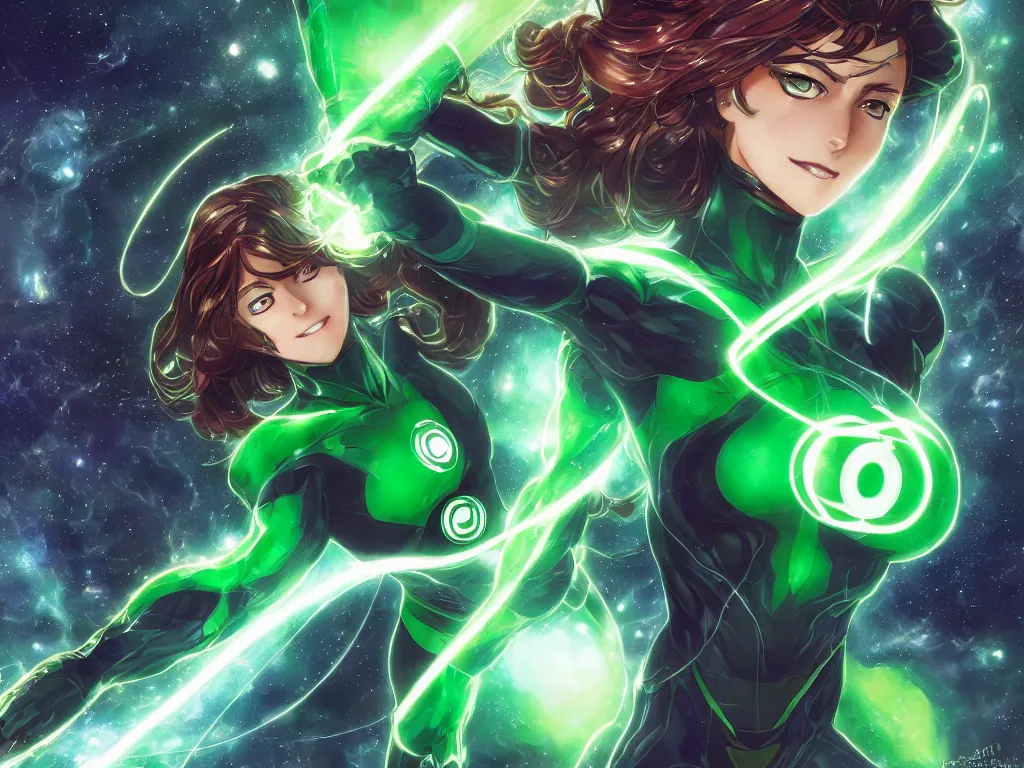 Image similar to anime key visual of one beautiful female green lantern, dc comics, power, hope, glowing, intricate, in space, stunning, highly detailed, digital painting, artstation, smooth, hard focus, illustration, art by artgerm and greg rutkowski and alphonse mucha