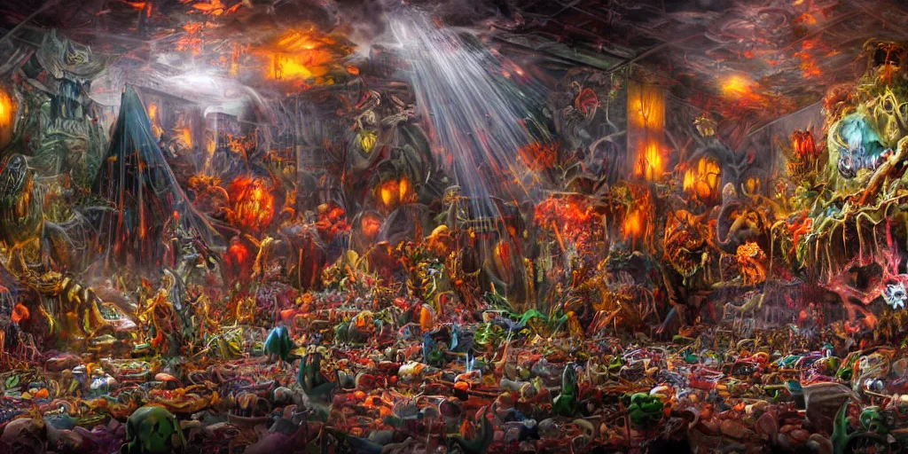 Image similar to ultra wide view of the most awesome monster party with a rube goldberg door trap, devils, demon, multiverse, ghosts, witches, pumpkins, vampires, mummies, monsters, dripping, hyper-realistic, bright and colorful, octane render, 8k, extremely detailed, iridescent, photorealistic, minute details, horror, grotesque, macabre, moody, broken, gritty, zbrush art, extreme details, cinematic