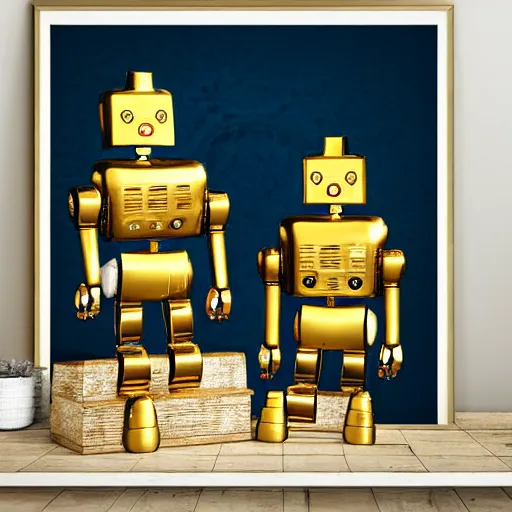 Image similar to retro gold robotic couple on a 8 0 s home decor, vintage photograph